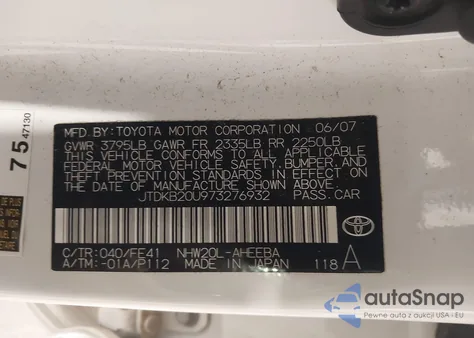 2007 Toyota Prius from USA, damaged, VIN JTDKB20U973276932